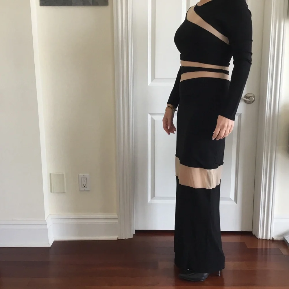 ABS Allen Schwartz Illusion Inset Maxi Long Black dress Peekaboo stripes - Picture 5 of 5